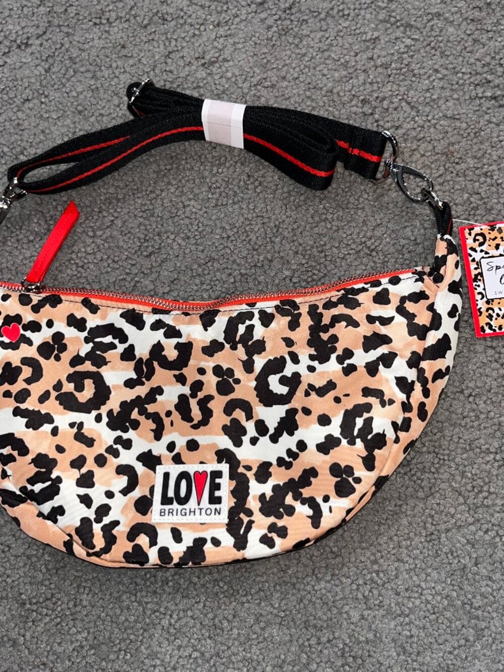 Brighton Leopard Print Crossbody Bag with Black and Red Strap